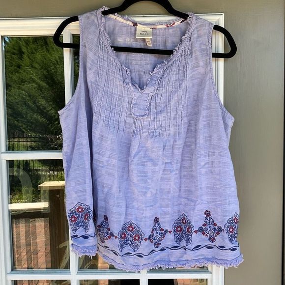 Knox Rose Blue 100% Cotton Sleeveless Raw Hem Floral Blouse Top Size 2XL XXL - Picture 1 of 7